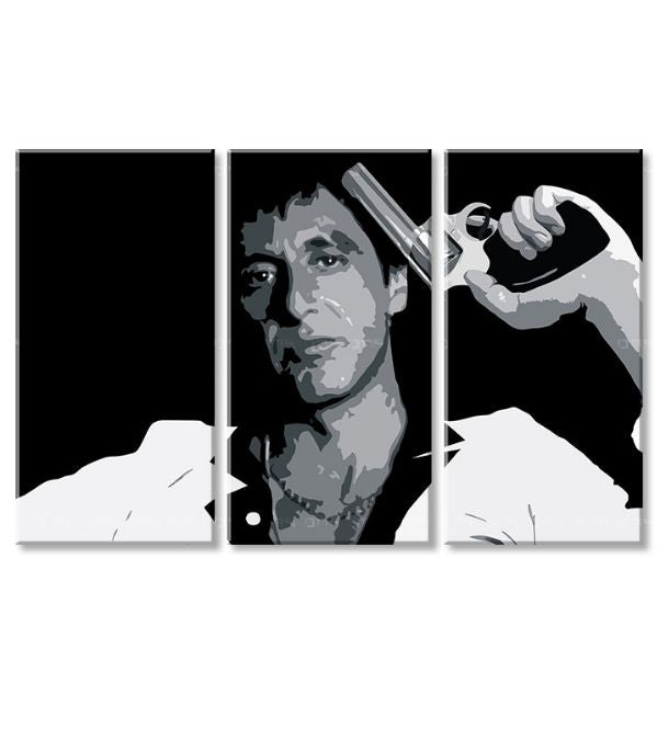Поп арт картина на платно с мотив Tony Montana so zbraňou v ruke в бяло-сиво нюанси, интензивна атмосфера, филмов свят и сила и мощ | Най-голям mafiáni na платно Scarface - Tony Mon..., изглед 4