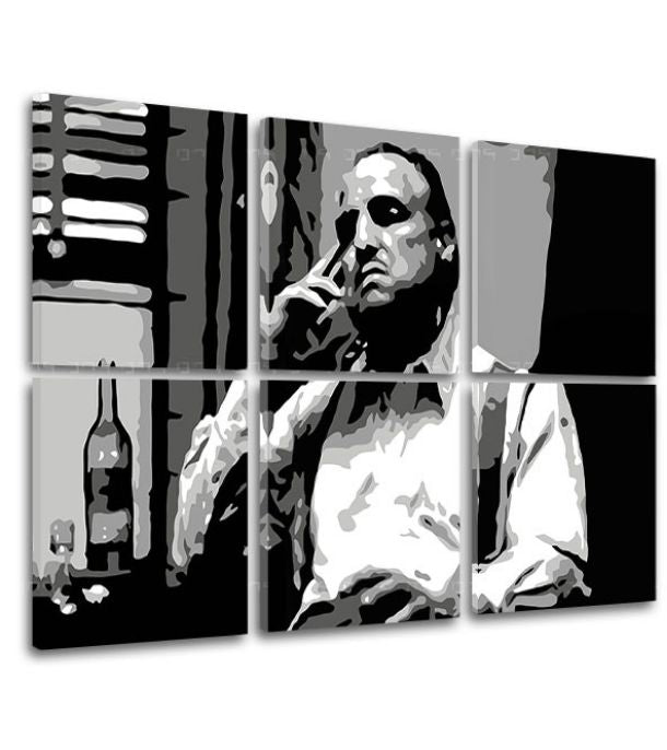 Поп арт картина на платно с мотив The Godfather - Vito Corleone s бутилка škótskej, пура, бутилка в бяло-черно нюанси, меланхолична атмосфера – продукт, изглед 2