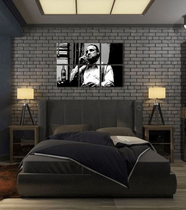 Поп арт картина на платно с мотив The Godfather - Vito Corleone s бутилка škótskej, пура, бутилка в бяло-черно нюанси, меланхолична атмосфера – продукт