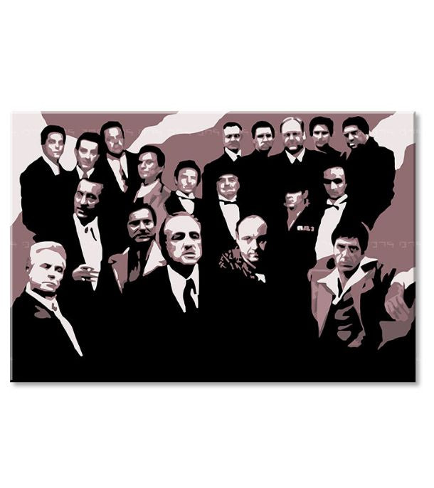 Поп арт картина на платно с мотив The Mafia family, автомобил в кафяво-червено нюанси, драматична атмосфера, семейство и сила и мощ, подходяща за офис – продукт, изглед 3
