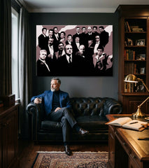 Поп арт картина на платно с мотив The Mafia family, автомобил в кафяво-червено нюанси окачена в интериор на офис, драматична атмосфера – интериор