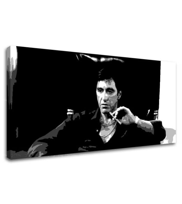 Поп арт картина на платно с мотив Nahnevaný Tony Montana s cigarou v ruke, автомобил, природа в бяло-черно нюанси, интензивна атмосфера – продукт
