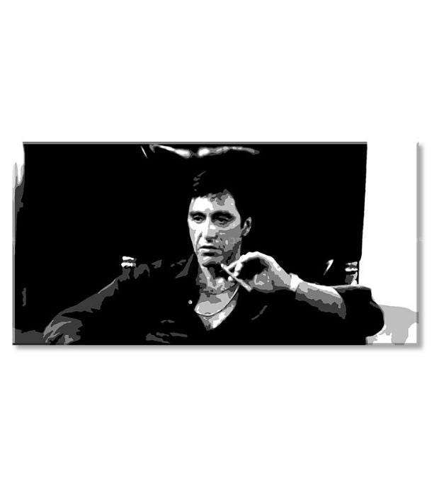 Поп арт картина на платно с мотив Nahnevaný Tony Montana s cigarou v ruke, автомобил, природа в бяло-черно нюанси, интензивна атмосфера – продукт, изглед 2