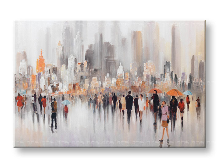Поп арт картина на платно с мотив дъжд, градски мотив, природа в оранжево-червено нюанси, подходяща за офис | Картина на платно ГРАД – основна