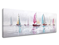 В бохо стил картина с мотив КОРАБИ, небе, природа в бяло-синьо нюанси | Картина на платно КОРАБИ, крайбрежен живот – преглед