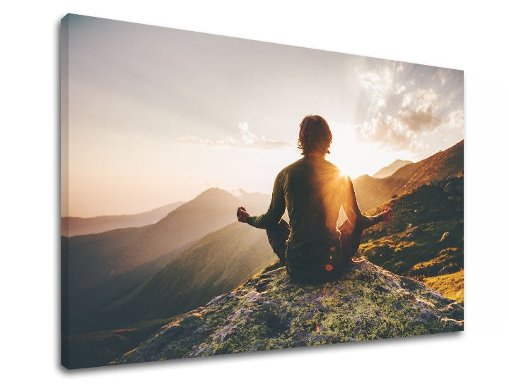 Класическа картина с мотив JOGA, планини, слънце в оранжево-златно нюанси | Картина за стена JOGA_050-11, вътрешен мир и самота – преглед
