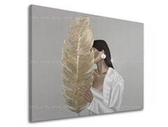 Индустриална картина на платно с мотив TAJOMNÁ ЖЕНА S LISTOM, перо, природа в бяло-сиво нюанси, елегантна атмосфера, природа и елегантност – продукт