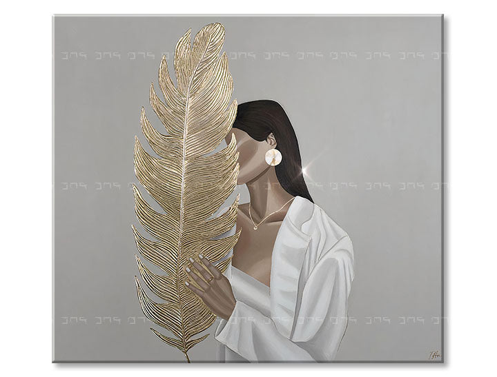 Индустриална картина на платно с мотив TAJOMNÁ ЖЕНА S LISTOM, перо, природа в бяло-сиво нюанси, елегантна атмосфера, природа и елегантност – продукт, изглед 2