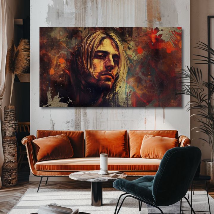 Модерна картина на платно с мотив Kurt Cobain - V srdci grunge в кафяво-златно нюанси, меланхолична атмосфера, рок енд рол | Картина Kurt Cobain - V srdci grunge – продукт