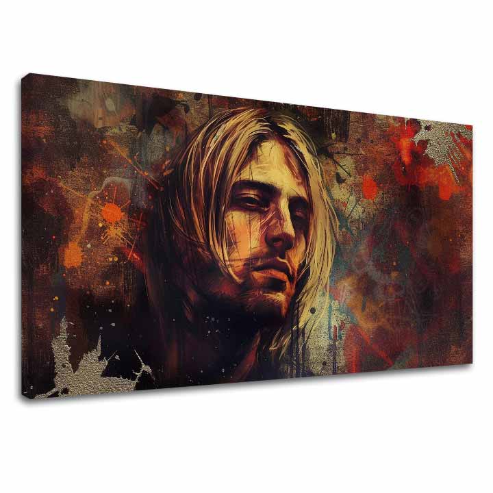 Модерна картина на платно с мотив Kurt Cobain - V srdci grunge в кафяво-златно нюанси, меланхолична атмосфера, рок енд рол | Картина Kurt Cobain - V srdci grunge – основна