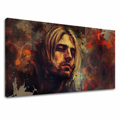 Модерна картина на платно с мотив Kurt Cobain - V srdci grunge в кафяво-златно нюанси, меланхолична атмосфера, рок енд рол | Картина Kurt Cobain - V srdci grunge – основна