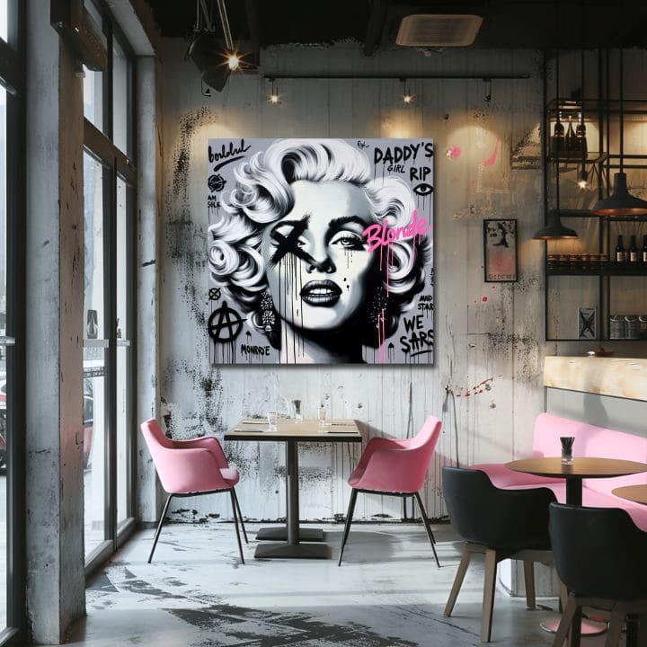 Модерна картина на платно с мотив Hollywoodska Legenda Marilyn Monroe в розово нюанси, дръзка атмосфера, слава, подходяща за хол | Картина на платно - Hollywoodska Legenda Marilyn Monroe
