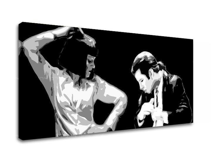 Поп арт картина на платно с мотив Pulp Fiction, мъж в костюм, природа в бяло-черно нюанси, драматична атмосфера, подходяща за офис – продукт, изглед 2