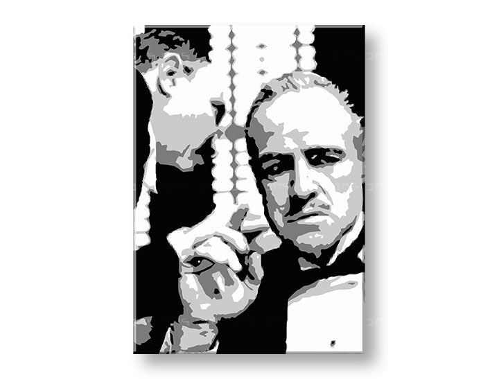 Модерна картина на платно с мотив GODFATHER в черно-бяло нюанси, драматична атмосфера, семейство и сила и мощ | POP Art картина GODFATHER – продукт, изглед 2