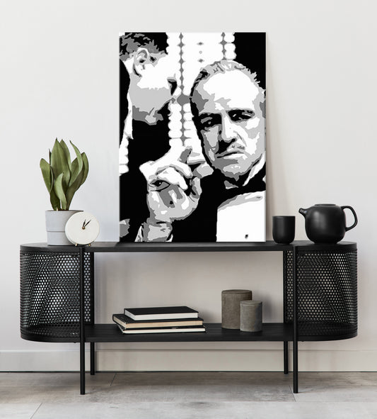 Модерна картина на платно с мотив GODFATHER в черно-бяло нюанси, драматична атмосфера, семейство и сила и мощ | POP Art картина GODFATHER – основна [XOBPPGFOH]