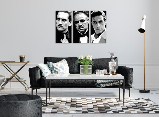 Модерна картина на платно с мотив The Godfather в черно-бяло нюанси, драматична атмосфера, сила и мощ и семейство | Най-голям MAFIÁNI na платно - The Godfather – основна