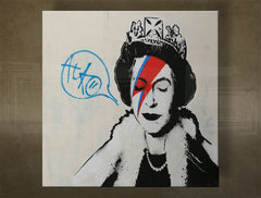 Поп арт картина на платно с мотив Street ART – Banksy, корона, графити, пейзаж, природа в бяло-синьо нюанси, иконография, подходяща за офис – основна