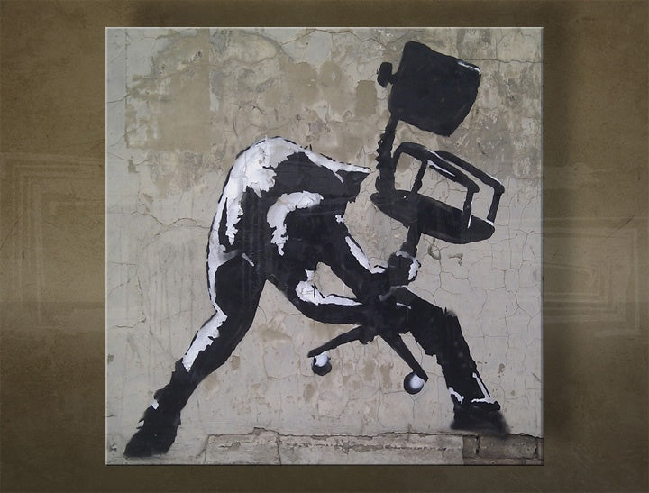 Класическа картина на платно с мотив Street ART – Banksy в бяло-сиво нюанси, подходяща за офис | Картина на платно Street ART – Banksy – основна