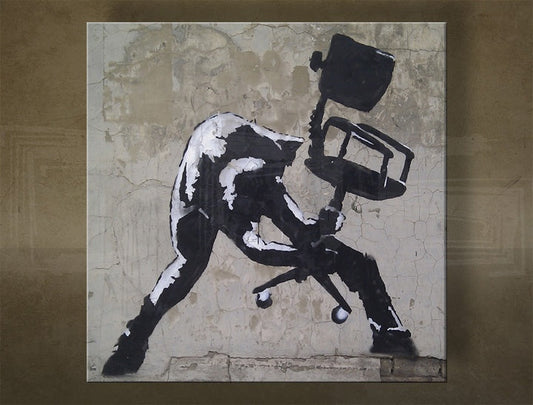 Класическа картина на платно с мотив Street ART – Banksy в бяло-сиво нюанси, подходяща за офис | Картина на платно Street ART – Banksy – основна