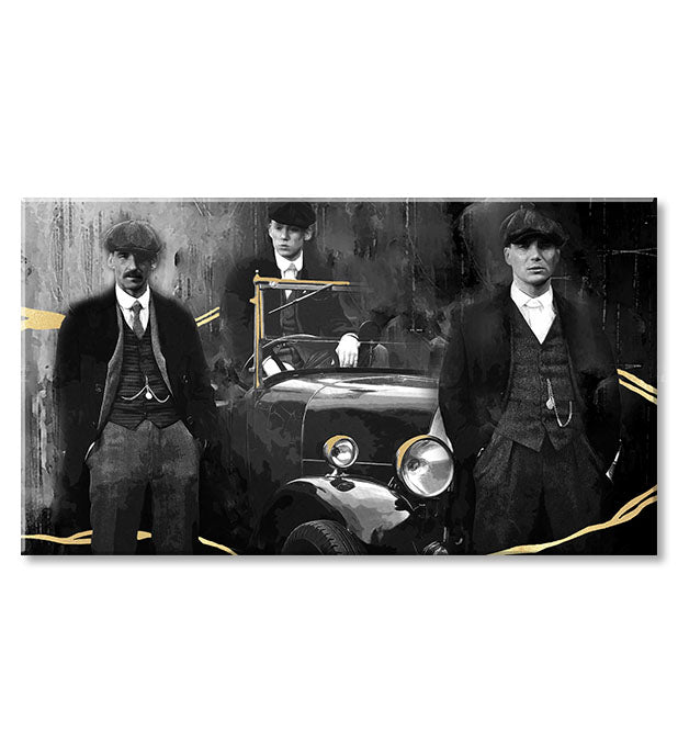 Ръчно рисувана картина на платно с мотив PREMIUM ART – Peaky Blinders bratia, автомобил в сиво-златно нюанси, подходяща за хол | Картини на платно - PREMIUM ART – Peaky Blinders bratia