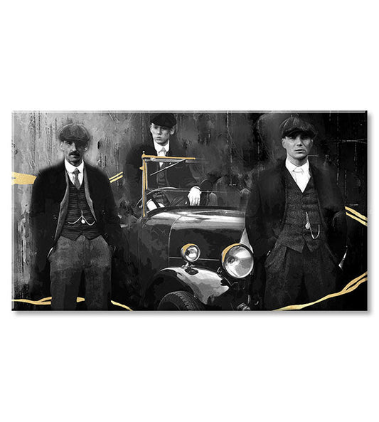 Ръчно рисувана картина на платно с мотив PREMIUM ART – Peaky Blinders bratia, автомобил в сиво-златно нюанси, подходяща за хол | Картини на платно - PREMIUM ART – Peaky Blinders bratia