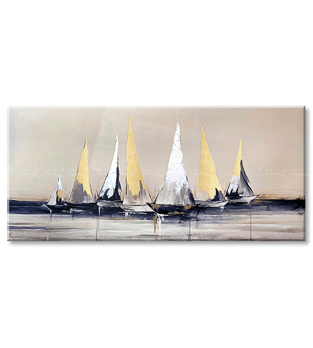 Ръчно рисувана картина на платно с мотив PREMIUM ART – Plachetnice на море, небе, природа в бяло-бежово нюанси, спокойна атмосфера, подходяща за хол – продукт, изглед 2