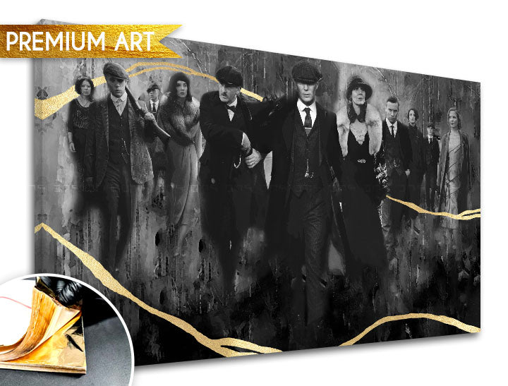 Ръчно рисувана картина на платно с мотив PREMIUM ART – Peaky Blinders семейство в сиво-златно нюанси, семейство и сила и мощ, подходяща за хол – продукт