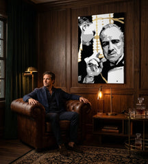 Ръчно рисувана картина на платно с мотив PREMIUM ART – The Godfather, автомобил в бяло-златно нюанси окачена в интериор на хол, сила и мощ и семейство – интериор