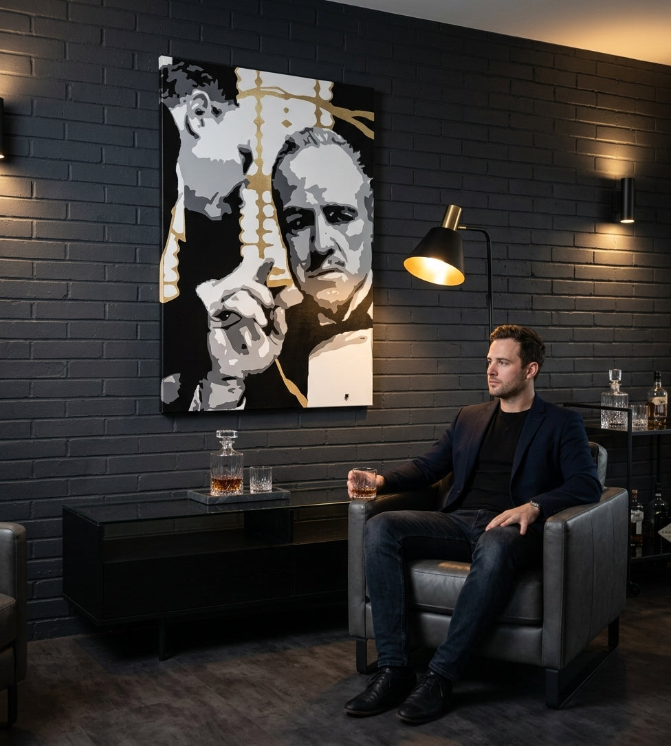 Ръчно рисувана картина на платно с мотив PREMIUM ART – The Godfather, автомобил в бяло-златно нюанси окачена в интериор на хол, сила и мощ и семейство – интериор, изглед 3