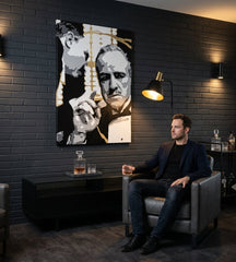 Ръчно рисувана картина на платно с мотив PREMIUM ART – The Godfather, автомобил в бяло-златно нюанси окачена в интериор на хол, сила и мощ и семейство – интериор, изглед 3