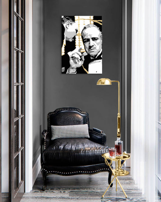 Ръчно рисувана картина на платно с мотив PREMIUM ART – The Godfather, автомобил в бяло-златно нюанси, драматична атмосфера | Картини на платно - PREMIUM ART – The Godfather – продукт