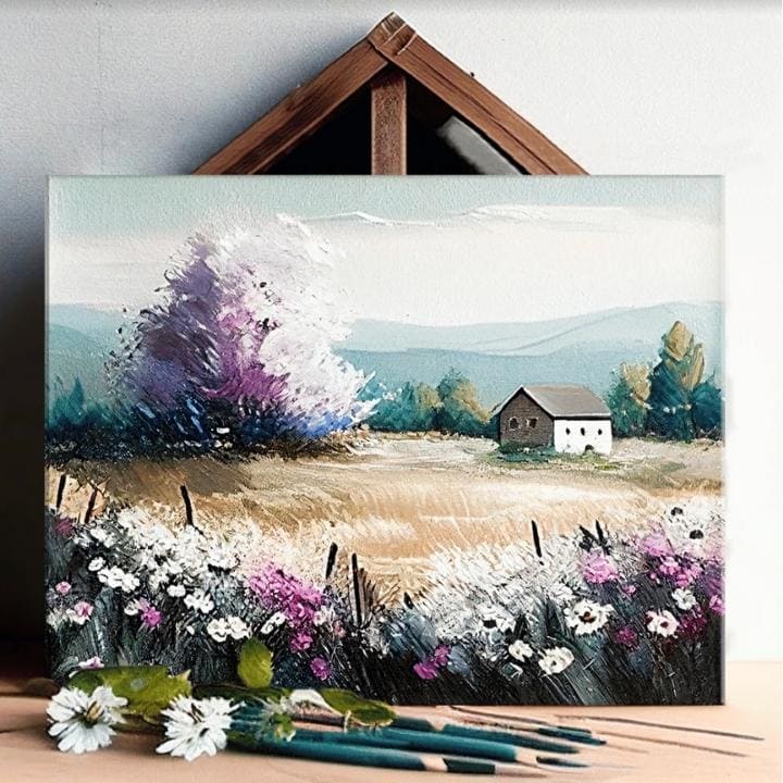 Модерна картина на платно с мотив пейзаж, дърво, планини, цветя, природа в многоцветн нюанси, спокойна атмосфера, природа и самота, подходяща за хол – продукт