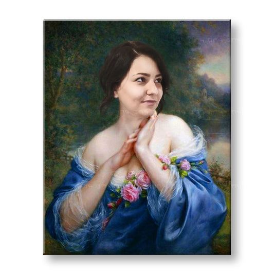 Винтидж картина на платно с мотив жена, рози, рокля, хора в бежово-синьо нюанси, спокойна атмосфера, природа и романтика, подходяща за работен кабинет – продукт