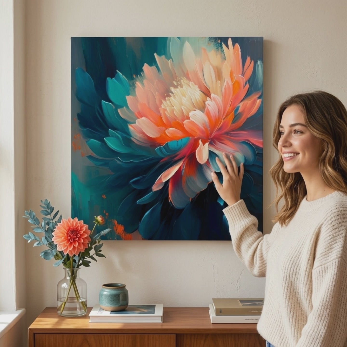 Дизайнерска декорация върху платно Цветни впечатления от цветя 60x60 cm. Модерна декорация за стена, картина върху платно за хол, жена разглежда произведението в стилен светъл интериор. Papilora (XOBMDFL002E1).