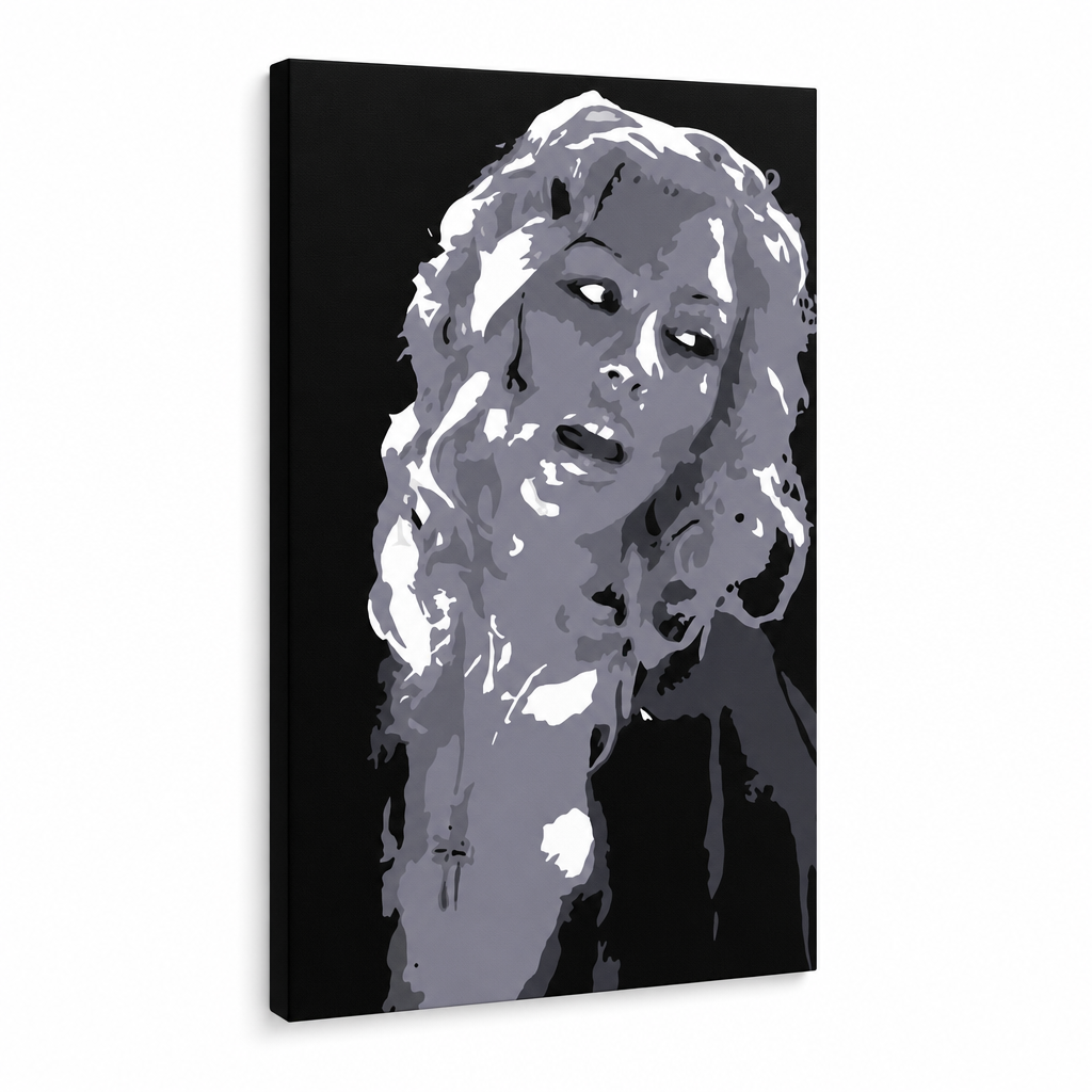 Ръчно рисуван POP Art Christina Aguilera 1 брой ca2 – 3D визуализация на ръчно рисувано платно на бял фон. Доминиращи цветове: черно, бяло, сиво.