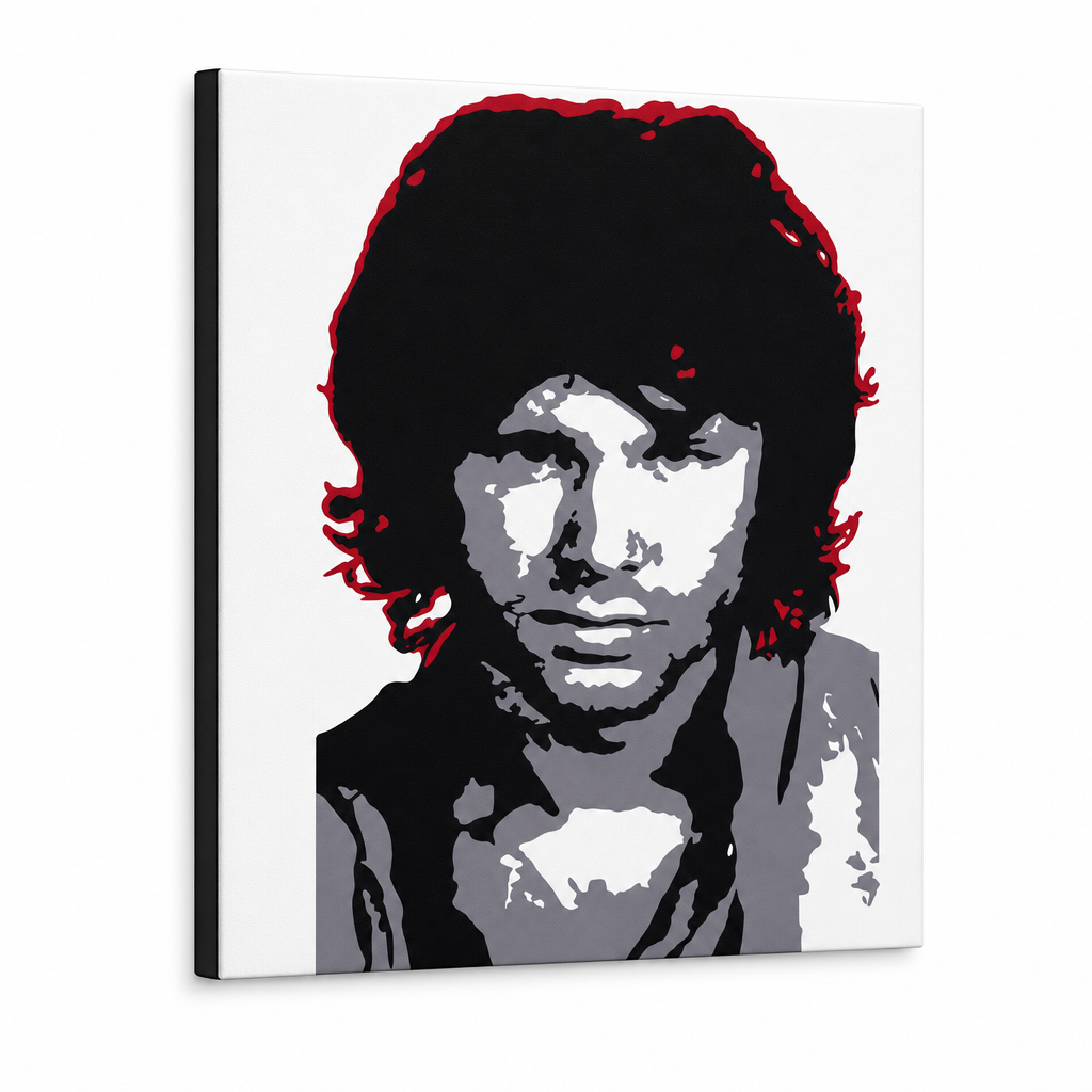 Ръчно рисуван POP Art Jim Morrison 1 брой jm – 3D визуализация на ръчно рисувано платно на бял фон. Доминиращи цветове: черно, бяло, сиво, червено.