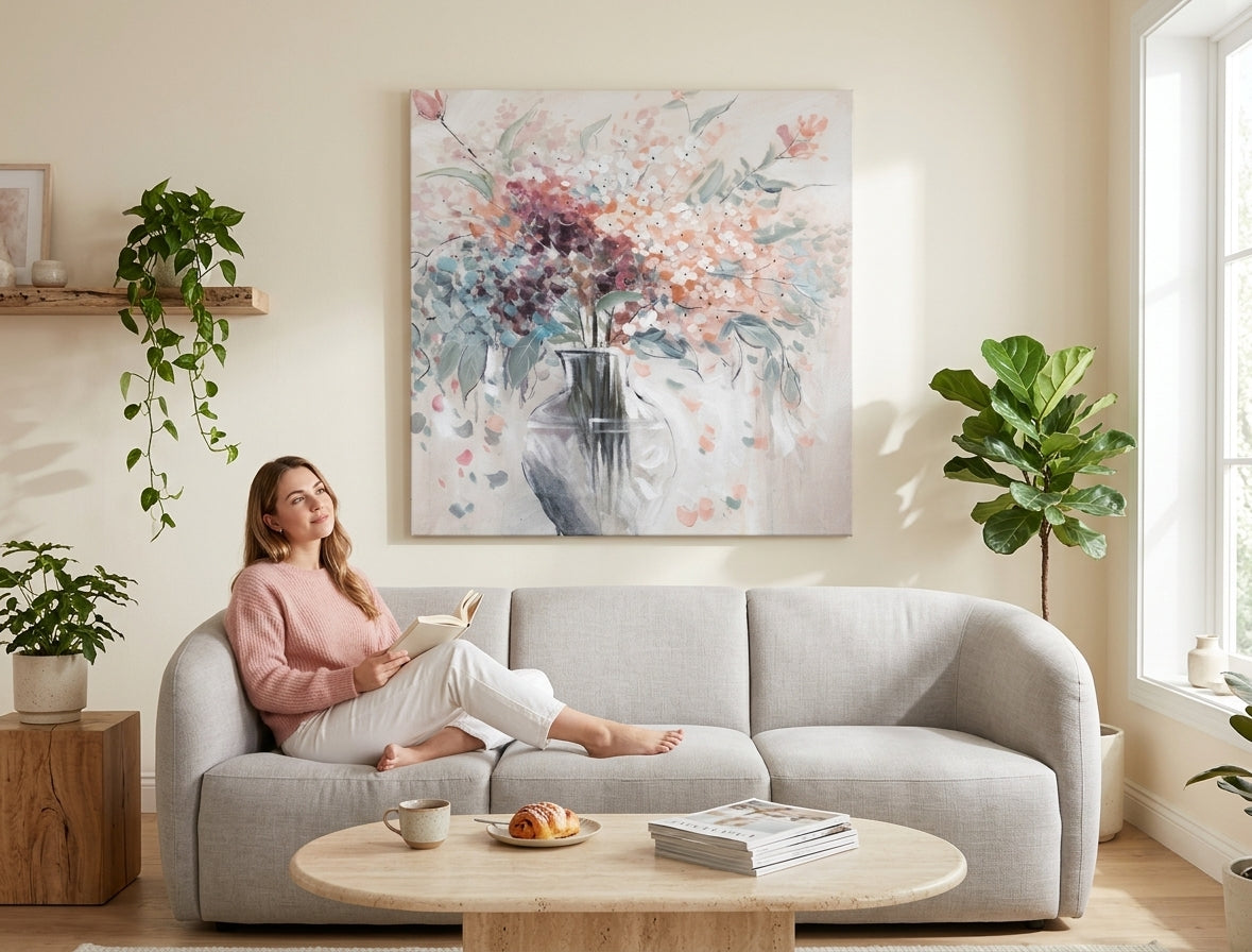 Модерна ръчно рисувана картина с флорални мотиви, 80x80 cm, висяща в светъл интериор, добавяща свежест и цвят към стаята.