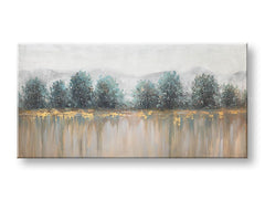 Миниатюра на ръчно рисувана картина ДЪРВЕТА 140x70 cm, синьо-бели нюанси, абстрактен пейзаж, за преглед в галерия.