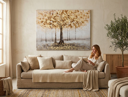 Елегантна ръчно рисувана картина ДЪРВО 120x90 cm, идеално вписана в модерен интериор на всекидневна, създаваща уютна и стилна атмосфера.