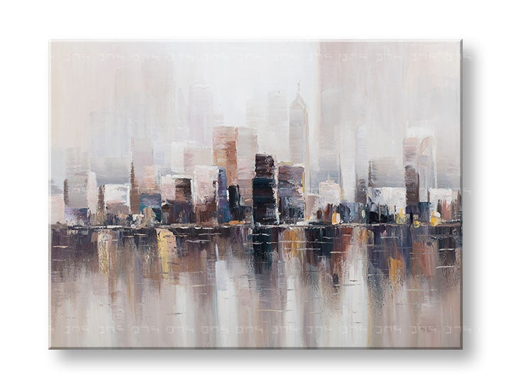 Малка превю версия на ръчно рисувана картина МЕГАПОЛИС 120x90 cm, идеална за бърз преглед на градския мотив в бежово-кафяво-златна гама.