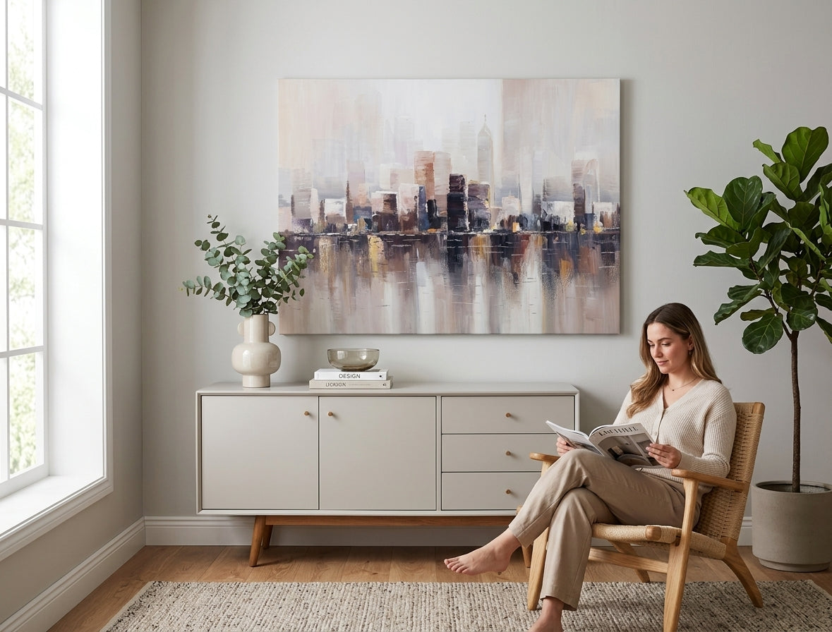 Ръчно рисувана картина МЕГАПОЛИС 120x90 cm, окачена в модерен интериор. Внася градска атмосфера и стил във всекидневната, с бежови, кафяви и златни тонове.