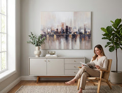 Ръчно рисувана картина МЕГАПОЛИС 120x90 cm, окачена в модерен интериор. Внася градска атмосфера и стил във всекидневната, с бежови, кафяви и златни тонове.