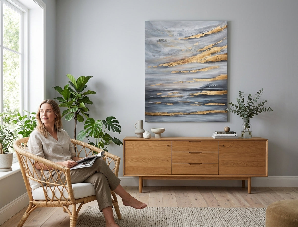 Ръчно рисувана абстрактна картина „Небе“ 90×110 cm в сиво и златно, висяща над диван в модерен хол.