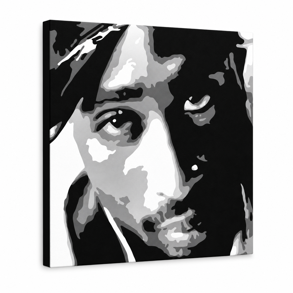 Ръчно рисувана картина POP Art 2 PAC 1 брой 2pac – 3D визуализация на ръчно рисувано платно на бял фон. Доминиращи цветове: черно, бяло, сиво.