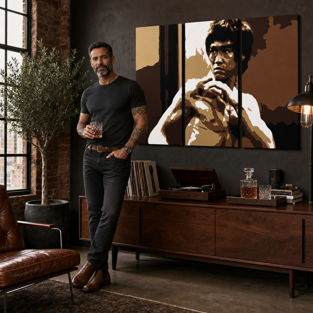 Ръчно рисувана картина POP Art AL Bruce Lee 3 парчета lee – картина в модерен мъжки интериор, lifestyle визуализация. Доминиращи цветове: кафяво, бежово, черно, златно, бяло.