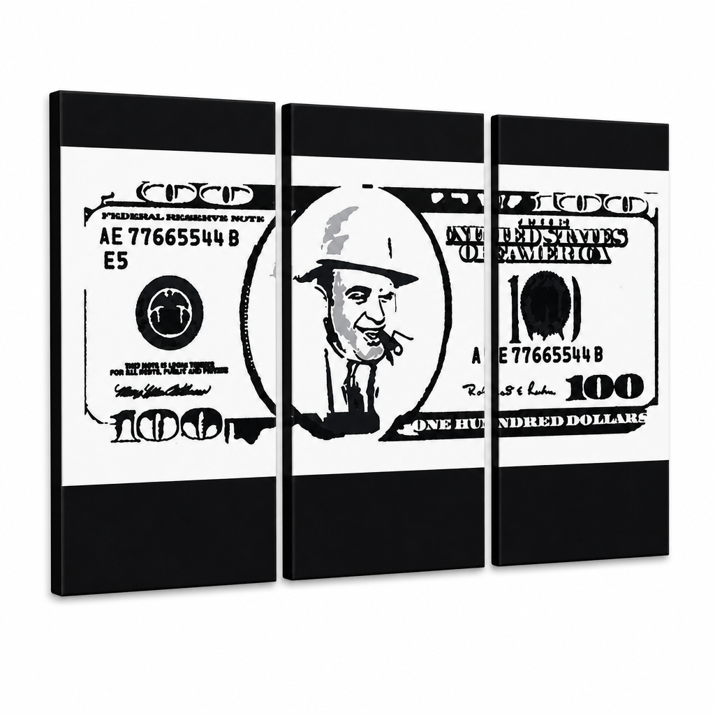 Ръчно рисувана картина POP Art AL CAPONE 3 парчета ac – 3D визуализация на ръчно рисувано платно на бял фон. Доминиращи цветове: черно, бяло, сиво.