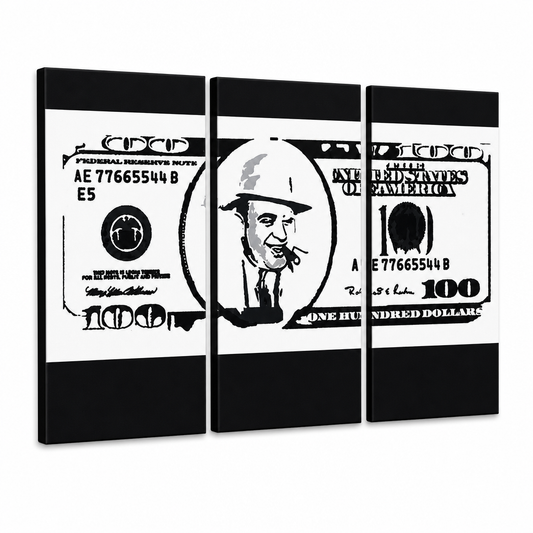 Ръчно рисувана картина POP Art AL CAPONE 3 парчета ac – 3D визуализация на ръчно рисувано платно на бял фон. Доминиращи цветове: черно, бяло, сиво.