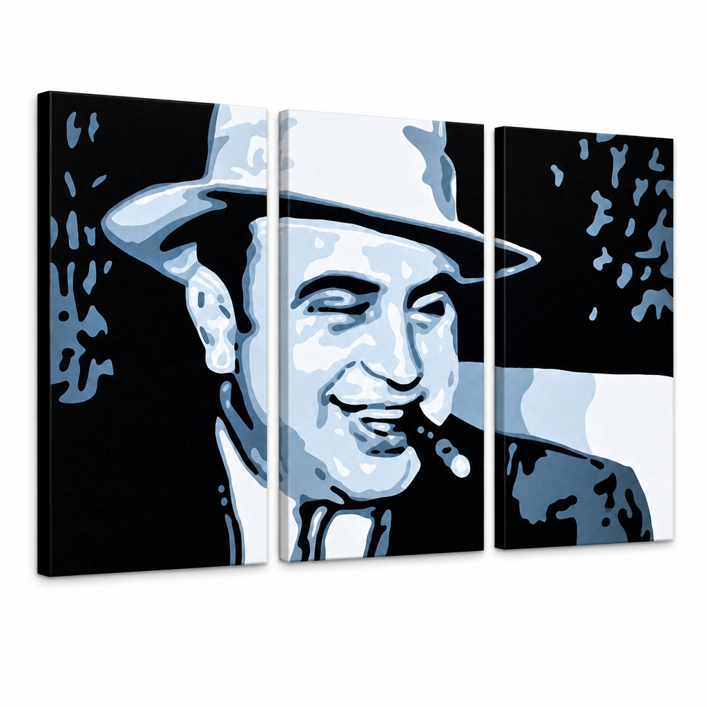 Ръчно рисувана картина POP ART AL CAPONE – 3D визуализация на ръчно рисувано платно на бял фон. Доминиращи цветове: черно, синьо, бяло.