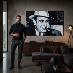 Ръчно рисувана картина POP ART AL CAPONE – картина в модерен мъжки интериор, lifestyle визуализация. Доминиращи цветове: черно, синьо, бяло.
