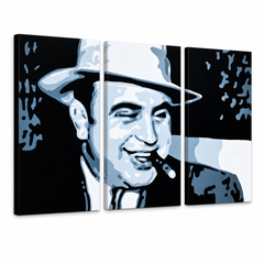 Ръчно рисувана картина POP ART AL CAPONE – 3D визуализация на ръчно рисувано платно на бял фон. Доминиращи цветове: черно, синьо, бяло.